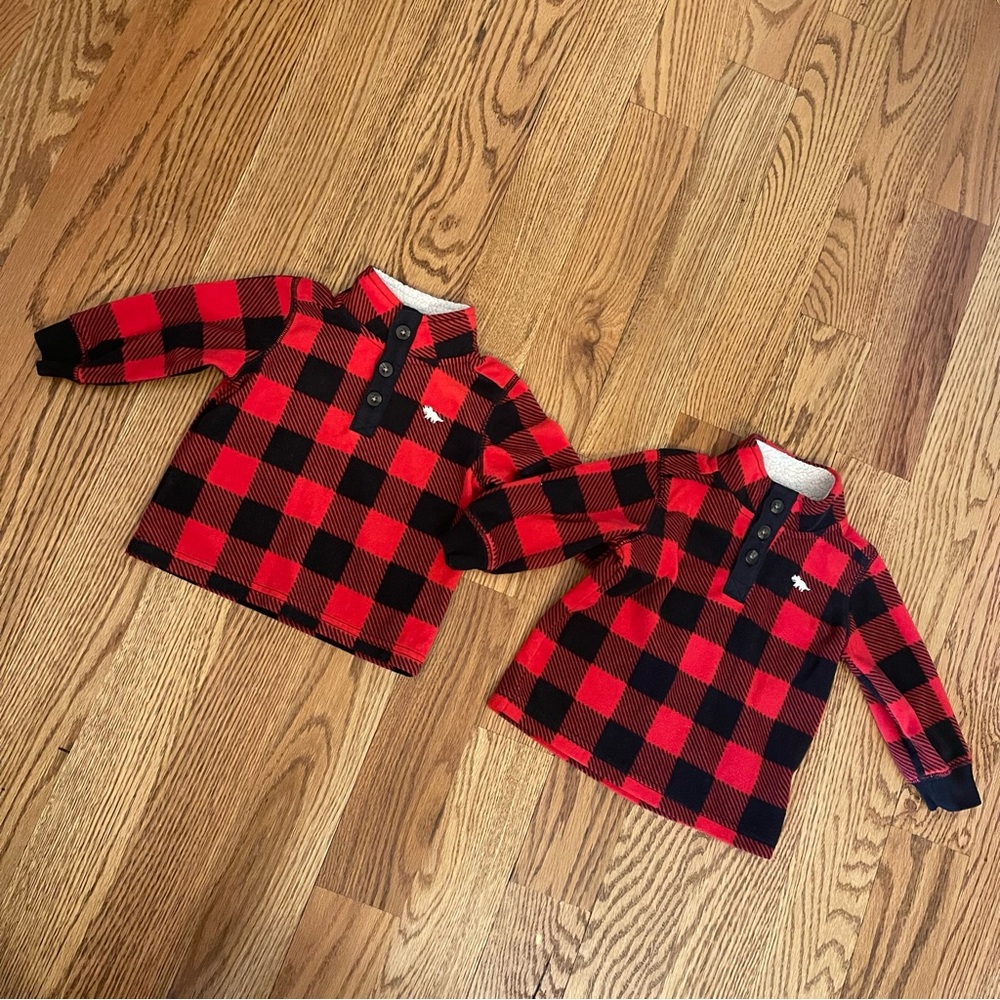 Set of 2 twin boys fleece pullovers, red and black buffalo plaid, button neck